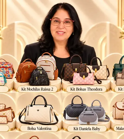Hellena Cometti com algumas das bolsas e mochilas dos seus cursos